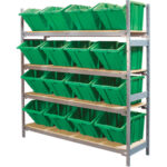 Wide Span Shelving with Jumbo Plastic Bins, Steel, Boltless, 800 lbs. Capacity, 66" W x 72" H x 18" D