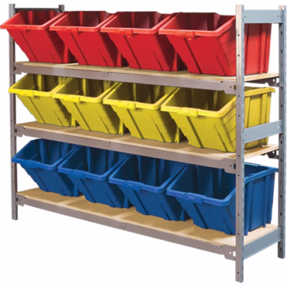 Wide Span Shelving with Jumbo Plastic Bins, Steel, Boltless, 800 lbs. Capacity, 66" W x 60" H x 18" D