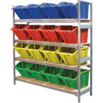 Wide Span Shelving with Jumbo Plastic Bins, Steel, Boltless, 800 lbs. Capacity, 66" W x 72" H x 18" D