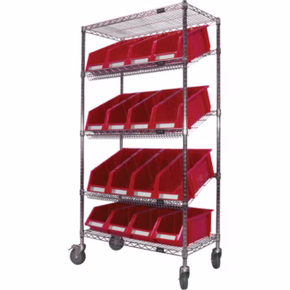 Slanted Wire Shelf Cart with Bins, 5 Tiers, 36" W x 69" H x 18" D