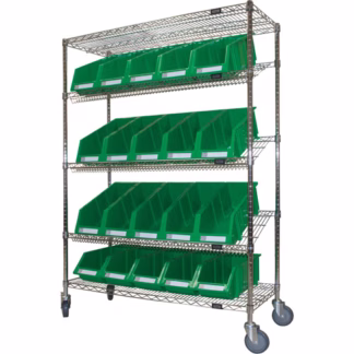 Slanted Wire Shelf Cart with Bins, 5 Tiers, 48" W x 69" H x 18" D