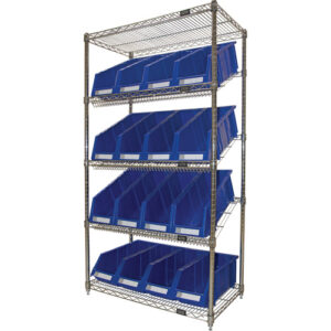 Slanted Wire Shelf with Bins, 5 Tiers, 36" W x 63" H x 18" D