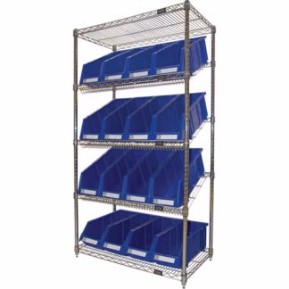 Slanted Wire Shelf with Bins, 5 Tiers, 36" W x 63" H x 18" D