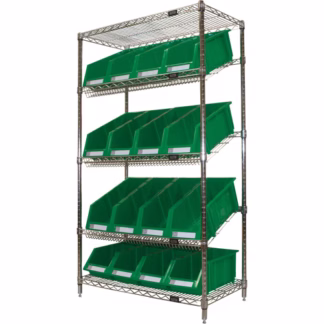 Slanted Wire Shelf with Bins, 5 Tiers, 36" W x 63" H x 18" D