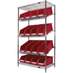 Slanted Wire Shelf with Bins, 5 Tiers, 36" W x 63" H x 18" D
