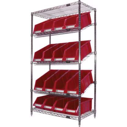 Slanted Wire Shelf with Bins, 5 Tiers, 36" W x 63" H x 18" D
