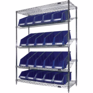 Slanted Wire Shelf with Bins, 5 Tiers, 48" W x 63" H x 18" D