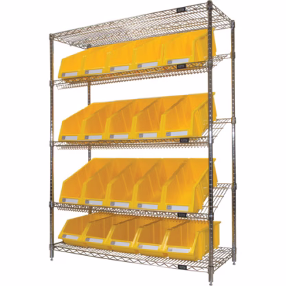 Slanted Wire Shelf with Bins, 5 Tiers, 48" W x 63" H x 18" D