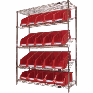 Slanted Wire Shelf with Bins, 5 Tiers, 48" W x 63" H x 18" D