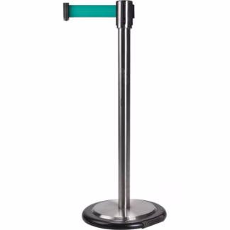 Free-Standing Crowd Control Barrier, Steel, 35" H, Green Tape, 7' Tape Length