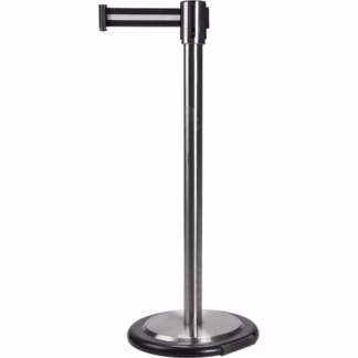 Free-Standing Crowd Control Barrier, Steel, 35" H, Black/White Tape, 7' Tape Length