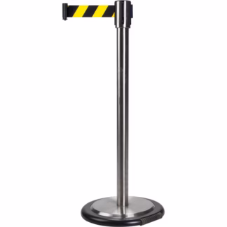 Free-Standing Crowd Control Barrier, Steel, 35" H, Black/Yellow Tape, 7' Tape Length