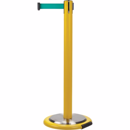 Free-Standing Crowd Control Barrier, Steel, 35" H, Green Tape, 7' Tape Length