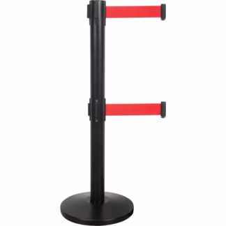 Dual Belt Crowd Control Barrier, Steel, 35" H, Red Tape, 7' Tape Length