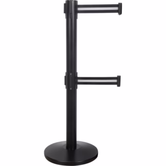 Dual Belt Crowd Control Barrier, Steel, 35" H, Black/White Tape, 7' Tape Length