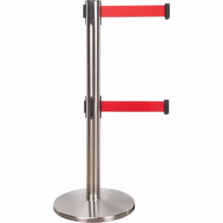 Dual Belt Crowd Control Barrier, Steel, 35" H, Red Tape, 7' Tape Length