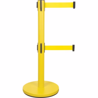 Dual Belt Crowd Control Barrier, Steel, 35" H, Yellow Tape, 7' Tape Length