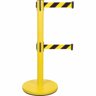 Dual Belt Crowd Control Barrier, Steel, 35" H, Black/Yellow Tape, 7' Tape Length