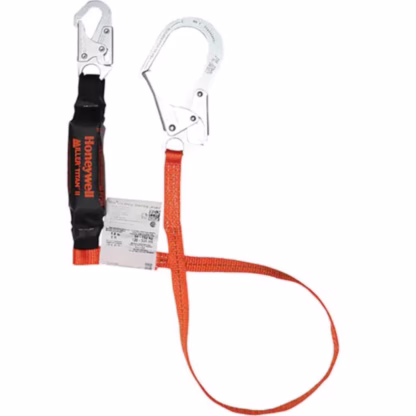 Titan Shock-Absorbing Lanyard, 6', Locking Rebar Hook Center, Locking Snap Hook Leg Ends, Polyester