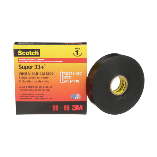 3M SUPER33+3/4X66 Scotch Super 33 Tape, 19 mm (3/4") x 20.1 m (66'), Black, 7 mils - (Roll)
