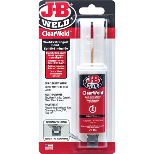 J-B Weld 50112CAN ClearWeld Adhesive ClearWeld Adhesive, 25 ml, Syringe, Two-Part, Clear - Each
