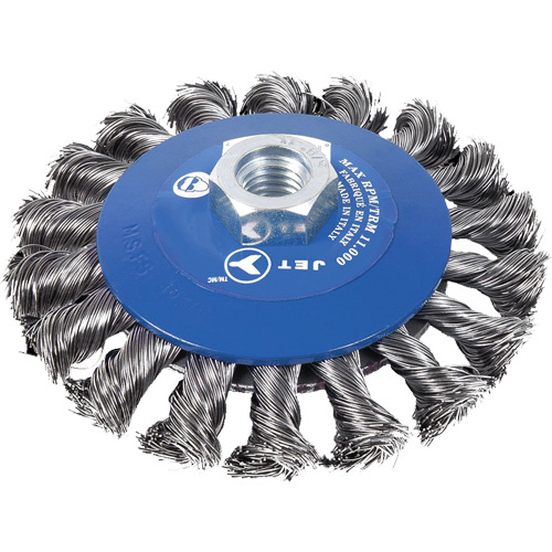 JET 554361 Knot Twisted Conical Bevel Brush Knot Twisted Conical Bevel Brush, 5" Dia., 0.02" Fill, 5/8"-11NC Arbor - Each