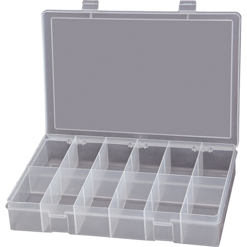 Durham Manufacturing LP12-CLEAR Compact Polypropylene Compartment Cases, 13-1/8" W x 9" D x 2-5/16" H, 12 Compartments-(Each)