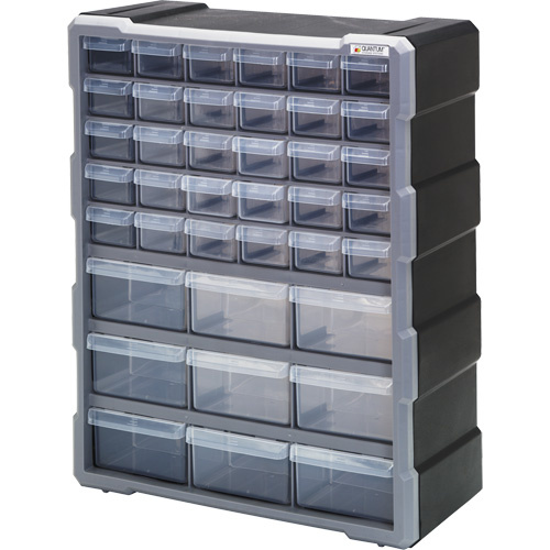 Quantum Storage System PDC-39BK Drawer Cabinet Drawer Cabinet, Plastic, 39 Drawers, 15" x 6-1/4" x 18-3/4", Black - Each