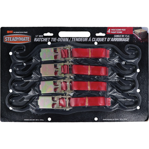 Kinedyne 15531 Ratchet Utility Straps Ratchet Utility Straps, S-Hook, 1" W x 12' L, 500 lbs. (230 kg) Working Load Limit - Pack