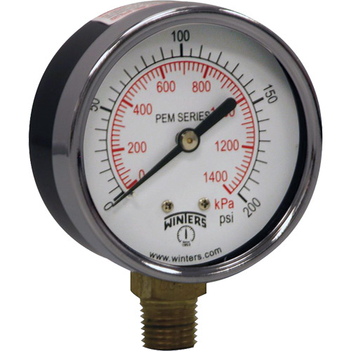 Winters PEM216 Economy Pressure Gauge Economy Pressure Gauge, 2-1/2" , 0 - 200 psi, Bottom Mount, Analogue - Each
