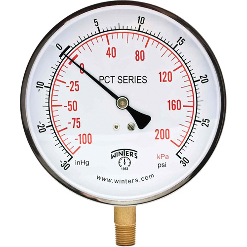 Winters PCT329 Contractor Pressure Gauge Contractor Pressure Gauge, 4-1/2" , 30 - 0 - 30 psi, Bottom Mount, Analogue - Each