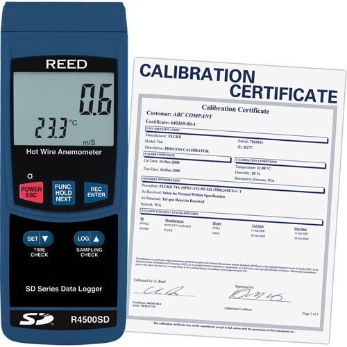 Reed Instruments R4500SD-NIST Data Logging Hot Wire Thermo-Anemometer with ISO Certificate Data Logging Hot Wire Thermo-Anemometer with ISO Certificate, Data Logging, 0.2 - 25 m/sec Air Velocity Range - Each