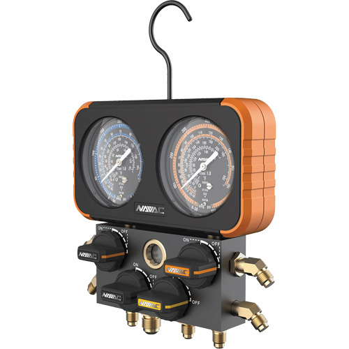 Impact-Resistant Four-Valve Manifold Gauge with 4 Hoses, 3-1/8" , 500 - 800 psi, Bottom Mount, Analogue-(Each)