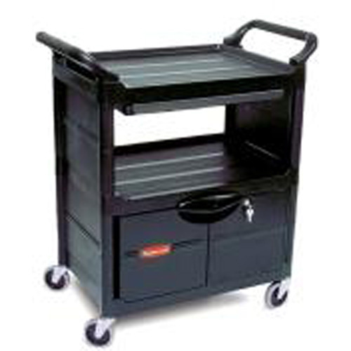 Rubbermaid FG345700BLA Service Utility Cart with Cabinet Service Utility Cart with Cabinet, 2 Tiers, 33-5/8" x 37-4/5" x 18-5/8", 200 lbs. Capacity - Each