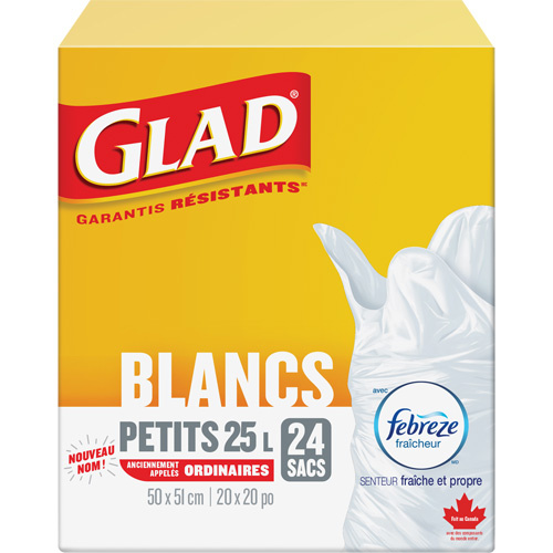 Glad 67489302261 Small 25L Febreze Garbage Bags, Regular, 20" W x 20" L, White-(Box of 24)