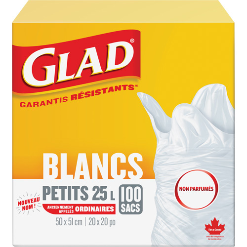 Glad 67489302971 Small 25L Unscented Garbage Bags, Regular, 20" W x 20" L, White-(Box of 100)