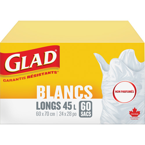 Glad 67489302995 Tall 45L Unscented Garbage Bags, Regular, 24" W x 28" L, White-(Box of 60)