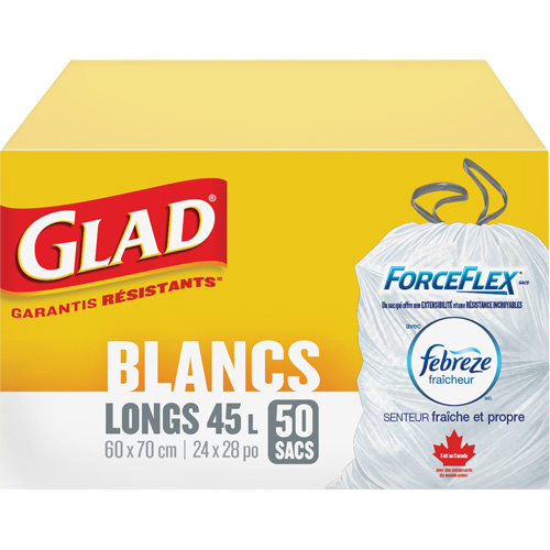 Glad 67489303008 Tall 45L Febreze Garbage Bags, Regular, 24" W x 28" L, White-(Box of 50)