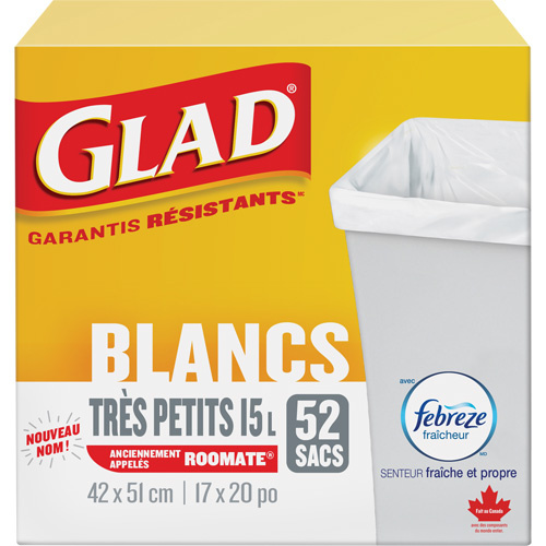 Glad 67489102991 X-Small 15L Roommate Febreze Garbage Bags, Regular, 17" W x 20" L, White-(Box of 52)