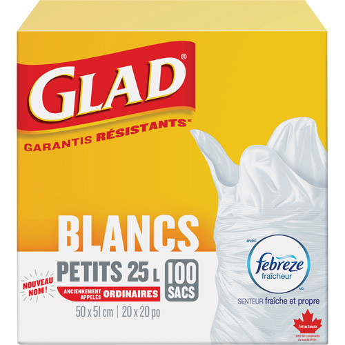 Glad 67489302209 Small 25L Febreze Garbage Bags, Regular, 20" W x 20" L, White-(Box of 100)