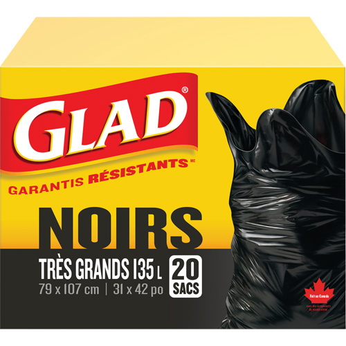Glad 67489705123 135L Garbage Bags, Regular, 31" W x 42" L, Black-(Box of 20)