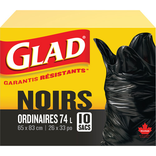 Glad 67489302230 74L Garbage Bags, Regular, 26" W x 33" L, Black-(Box of 10)