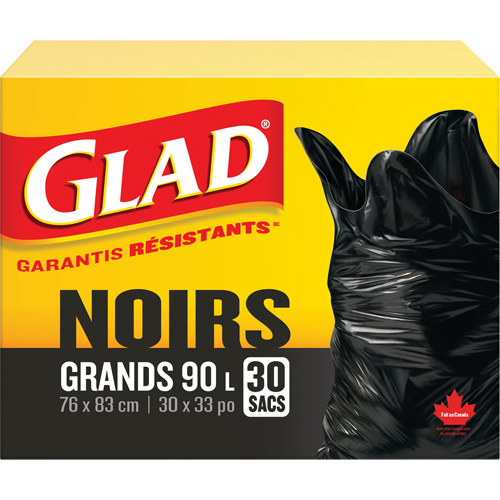 Glad 67489118374 90L Garbage Bags, Regular, 30" W x 33" L, Black-(Box of 30)