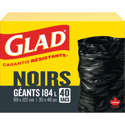 Glad 67489800491 184L Garbage Bags, Regular, 35" W x 48" L, Black-(Box of 40)