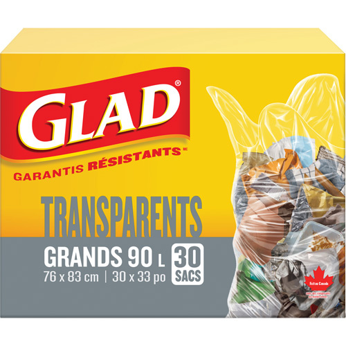 Glad 67489303039 90L Garbage Bags, Regular, 30" W x 33" L, Clear-(Box of 30)
