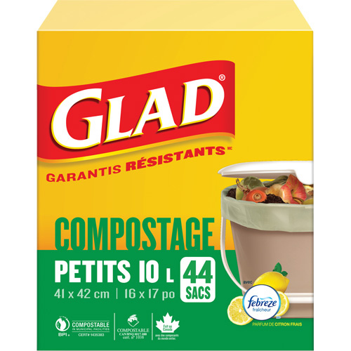 Glad 67489301615 Small Compostable Bags, Regular, 17" L x 16" W, Brown, 10 L (3 Gal.) Capacity-(Box of 44)