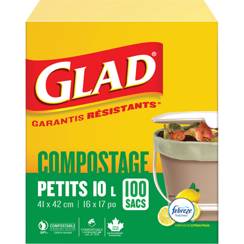 Glad 67489302650 Small Compostable Bags, Regular, 17" L x 16" W, Brown, 10 L (3 Gal.) Capacity-(Box of 100)