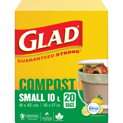 Glad 12587781623 Small Compostable Bags, Regular, 17" L x 16" W, Brown, 10 L (3 Gal.) Capacity-(Box of 20)