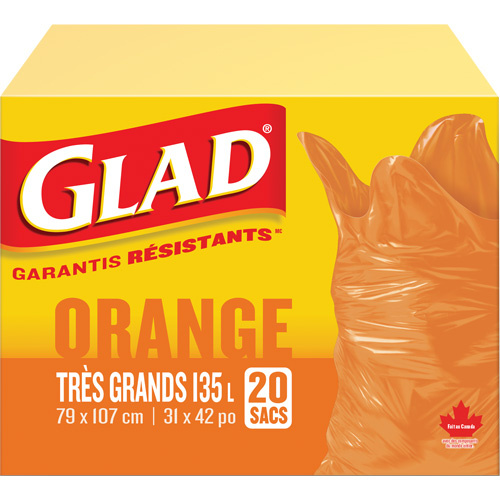 Glad 30313 135L Garbage Bags, Regular, 31" W x 42" L, Orange-(Box of 20)