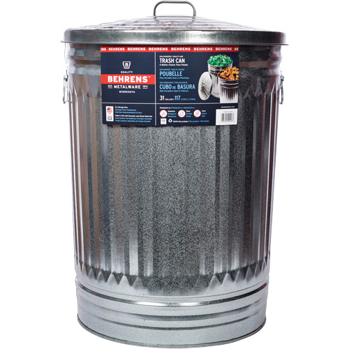 Trash Can with Lid, Galvanized Steel, 31 US gal.-(Each)